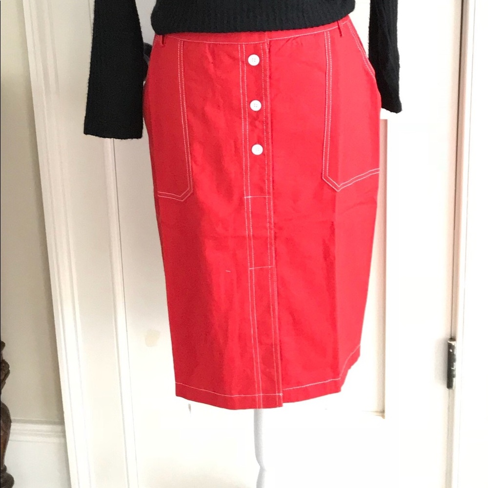 SALE Red Soft Denim Linen Pencil Skirt Button Up Pockets Cotton S M L - Picture 4 of 15